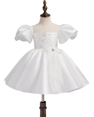 Satin Flower Girl Desses for Wedding Puff Sleeve Princess Pageant First Communion Dresses with Bow Knot2