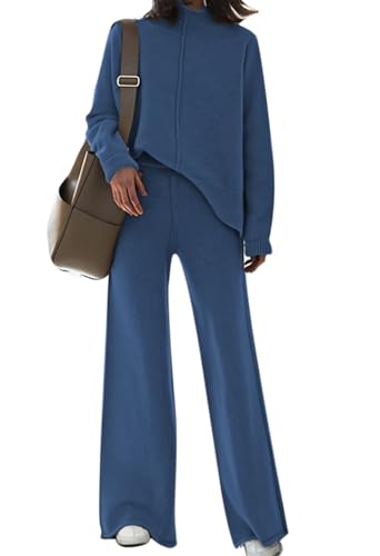 Linsery Women 2 Piece Sweater Sets High Neck Knitted Pullover Wide Leg Casual Sweatsuit