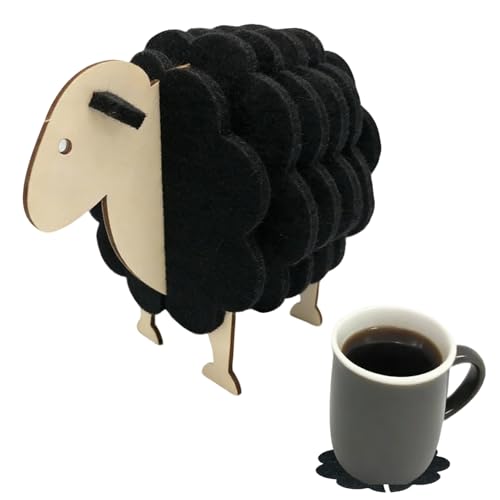 Wollschaf Filz-Coaster Set - 6 Stück saugfähige Schaf-Untersetzer aus Filzwolle mit Puzzle-Design, inkl. Holzständer & nachhaltiger Geschenkbox - Lustige Tischdeko für Wohnzimmer, Küche & Büro