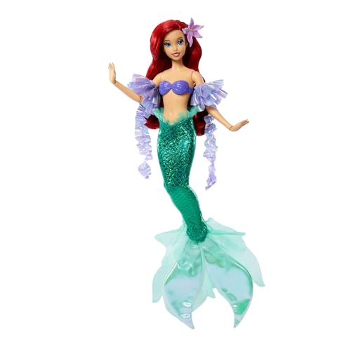 Mattel Disney Princesses Étincelantes Poupée Ariel sirène et Accessoires avec Queue Amovible, Manches et Barrette à Cheveux, inspirée du Film, JLK25