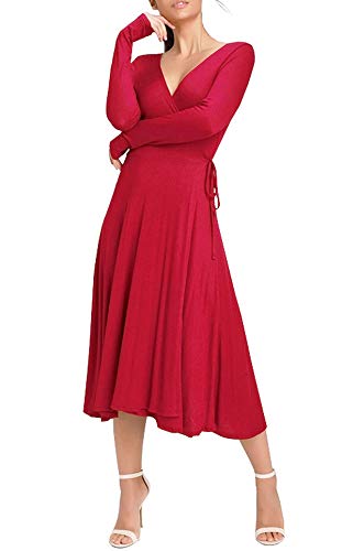 R.Vivimos Women Spring Autumn Long Sleeve Sweater Knitted Slim Elastic V Neck Sexy Midi Wrap Dresses (Small, Deep Red)