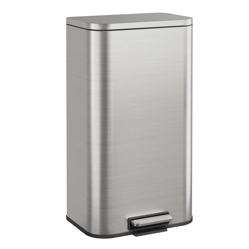 WLIVE Papelera De 55 Litros, Cubo De Basura De Acero Inoxidable Con Tapa De Cierre Suave, Papelera De Cocina Con Pedal y Cubo Interior, Para Dormitorio, Cocina Y Oficina, Color Plata