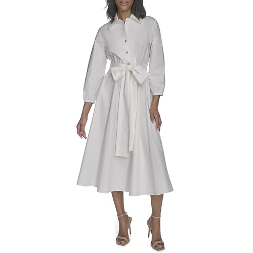 Image of Halston Women's Cotton Poplin Waist Tie Fit & Flare Dress
