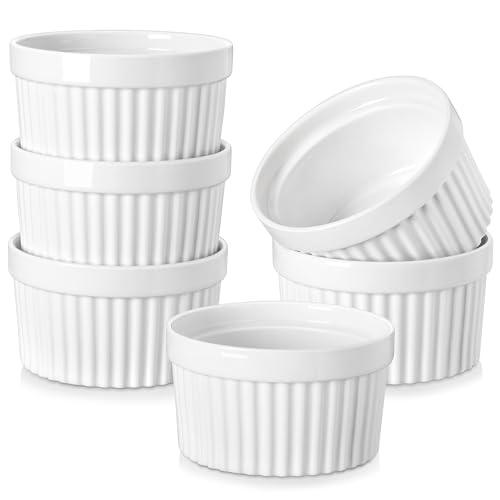MALACASA Creme Brulee Schälchen 6er Set, Souffle Förmchen zum Backen, Souffleeförmchen Backofenfest, Ofenfeste Creme Brulee Schalen, Mini Auflaufform, Weiß, Serie Ramekin