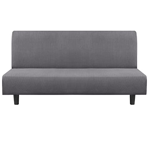 Flamingo P Stretch Armless Futon Covers Full Queen Futon Couch Covers Slipcover Futon Sofa Cover Futon Bed Cover Furniture Protector Covers with Elastic Bottom, Checked Pattern Jacquard, Charcoal Gray