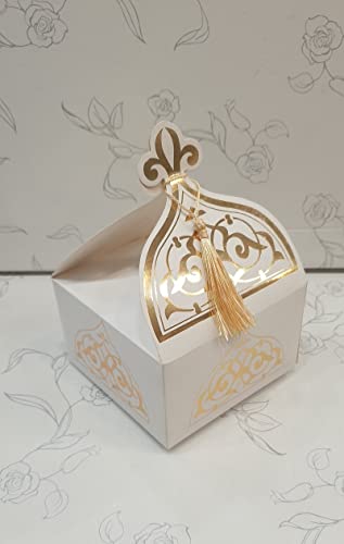 Dounia Mariage Boite Gâteau et Boite Dragée (lot de 25 Pièces) avec pompon (boite à gâteaux (lot de 25 pièces) Blanc/Dore) 373