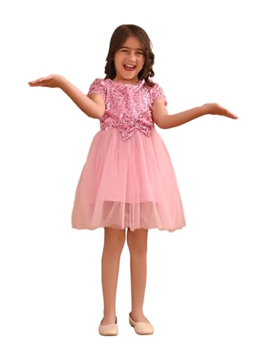 LILPICKS Sequin Bow Detail Fit n Flare Dress for Girls (Pink) (10-11Y) Deal