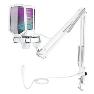 FIFINE USB Mikrofon PC Gaming mit Arm, Microphone weiß für MAC PS4 PS5 mit Stummschalttaste, Popfilter, Shock Mount für Streaming Podcast Studio