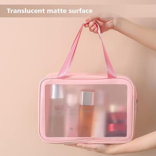 Image of KASHIVAL 3-Piece Clear Travel Toiletry Bags Set, Waterproof Transparent Makeup Organizer Pouches with Zipper, Large Medium Small Cosmetic Storage Cases with Carrying Handle (Pink)