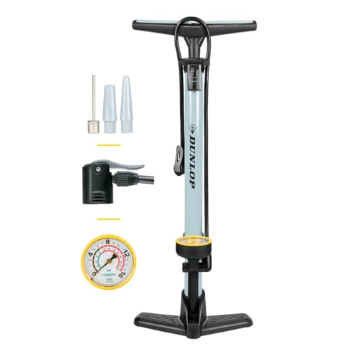 Dunlop Fahrradpumpe mit Manometer - Luftpumpe Fahrrad für Dunlop-, Schrader- und Französisches Ventil - Standluftpumpe inkl. Adapter für Wasserspielzeug und Bälle - Roller- und Autoreifen