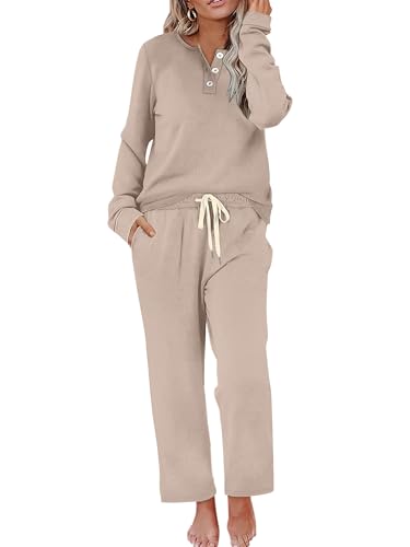 WIHOLL Two Piece Sets for Women Lounge 2 Piece Outfits Early Fall Fashion Must Haves Clothes Travel Airport Vacation Sweatsuits Tracksuit Lounge Wear Pajamas Matching Sets Winter Clothing Beige M
