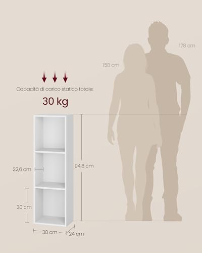 VASAGLE Libreria, Scaffale Libreria a 3 Ripiani, Scaffale Portaoggetti Aperto, 24 x 30 x 94,8 cm, per Soggiorno Studio Sala da Pranzo, Bianco Nuvola LBC433W01 - Immagine 2