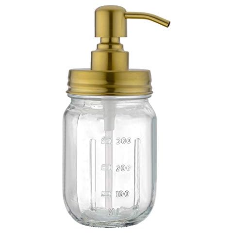 GICASA Rustproof 304 Stainless Steel 16 Ounce Gold Mason Jar Soap Dispenser, Clear Glass Countertop Soap Dispenser for Bathroom Accessories, Brushed Gold Cover