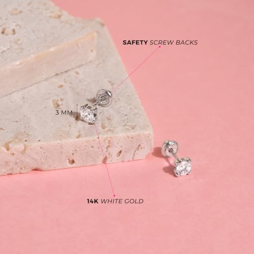 14k White Gold Girl's Clear Cubic Zirconia Prong Set Solitaire Screw Back Earring Studs - Small Elegant Round Screw Back Earring Set for Infants and Toddlers4