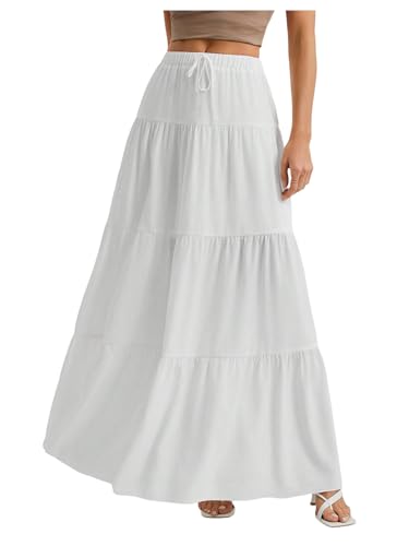 RoseSeek Women's Flowy Flared Ruffle Hem A Line Maxi Skirts Elastic Waist Elegant Tiered Layer Boho Long Skirts White Plain S