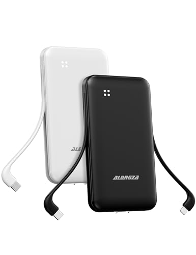 Alongza Portable Charger Built-in Cables and AC Wall Plug, Slim Fast Charging Power Bank 10000mAh, Lightweight USB C External Battery Pack Compact Travel Cell Phone Charger, 2 Pack Black & White