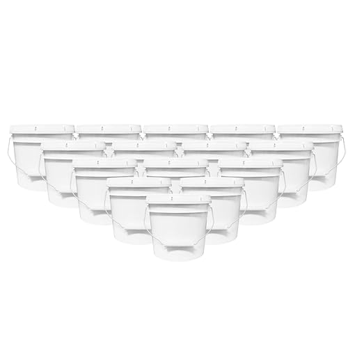 MKS Plastics 1-Gallon Bucket with Airtight Lid Made in USA Food Grade BPA Free Plastic Heavy Duty Multi-Use Metal Handle with Grip Stackable Storage White 15 Pack