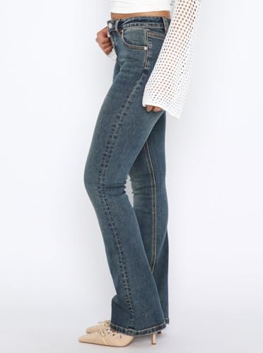 Image of Women's Stretch Low Rise Double Button Elastic Skinny Vintage Flare Jeans
