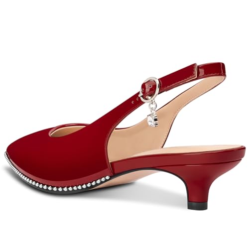 Image of TNYNFBEB Womens Low Kitten Heel Close Pointed Toe Pumps Slingback Silver Beaded Buckle Prom Party Dress Patent Leather 1.4 Inches Heels