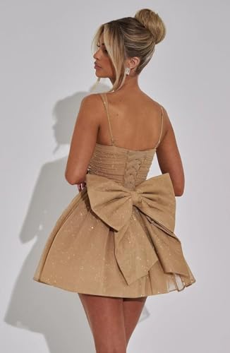 Mauuwy Tulle Short Homecoming Dresses with Bow Spaghetti Strap Prom Party Gown Sparkly Sweetheart Neck Cocktail Dresses3