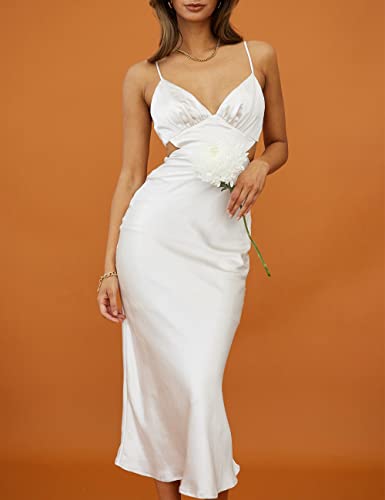 Image of Satin Slip Backless Midi Dress for Wedding Guest Silk V Neck Cut Out Tie Back Long Dresses for Women 2023 White