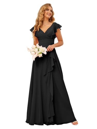 TIRAS Long Chiffon Bridesmaid Dresses with Slit V Neck Short Sleeve Ruffled Split Long Bridesmaid Dress with Pockets CM176
