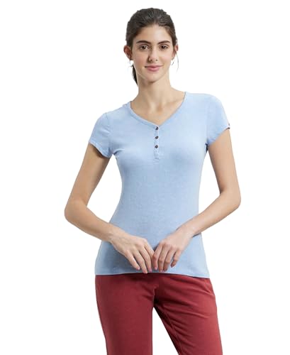 Image of Jockey UL03 Women's Super Combed Cotton Elastane Stretch Slim Fit Solid V Neck Henley Styled Half Sleeve T-Shirt