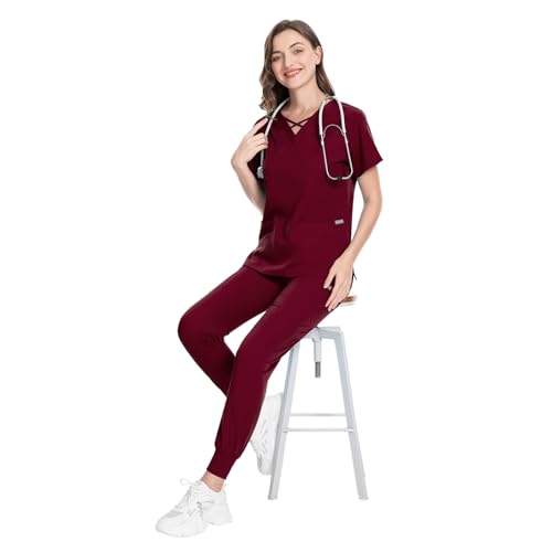 Image of VIAOLI Scrubs for Women Set Modern V-Neck Top & 8 Pocket Jogger Pants Nursing Uniform Solid Stretch Workwear