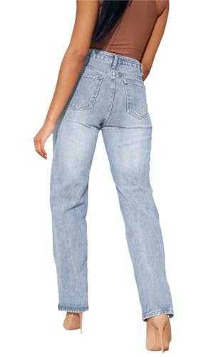 Women's Straight Leg Washed High Waist Denim Jeans Stretchy Trendy Split Hem Pants A-Blue2