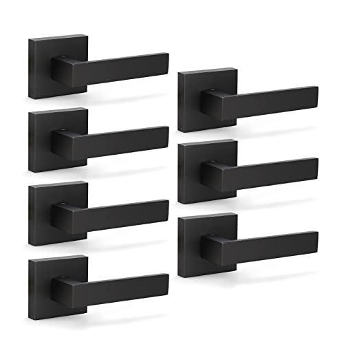 KNOBWELL 7 Pack Closet Dummy Door Lever Set, Non-Turning Interior Door Handles, Single Sided Handle for Interior Use, Matte Black (Only Single Side Use)