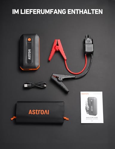 AstroAI B8 Starthilfe Powerbank für pkw, Batterie Booster Auto Starthilfe Powerbank für 7,0 L Benzin/ 5,5L Diesel, Jump Starter Auto mit LED für 12V Autos und Motorräder, QC 3.0 USB Ausgänge, Orange