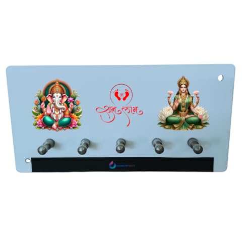 Image of Rainbow Dots Acrylic Key Holder for Wall with Lord Ganesh, MATA Laxmi & Shubh Labh Print - 5 Rust-Proof Stainless Steel Hooks - 3M Tape, No Drilling - Home Decor Gift for Diwali