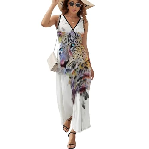 Robe longue léopard d'été sans manches pour femmes | Robe maxi col V de plage décontractée