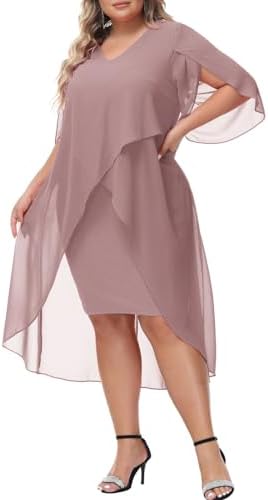 Hanna Nikole Elegent Low Asymmetrical Hem Knee Dresses for Wedding Guest Flowy 3/4 Sleeve Party Dress Dust Rose Small