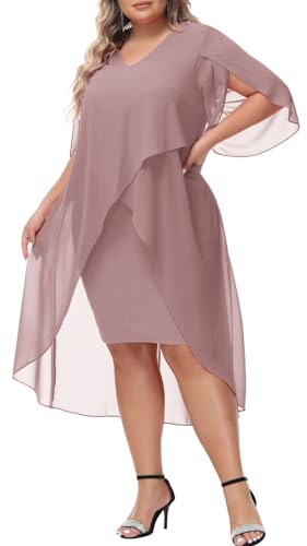 Image of Hanna Nikole Womens Plus Size Chiffon Cocktail Dress Ruffle 3 /4 Sleeve Wedding Guest Party Dresses with High Low Hem