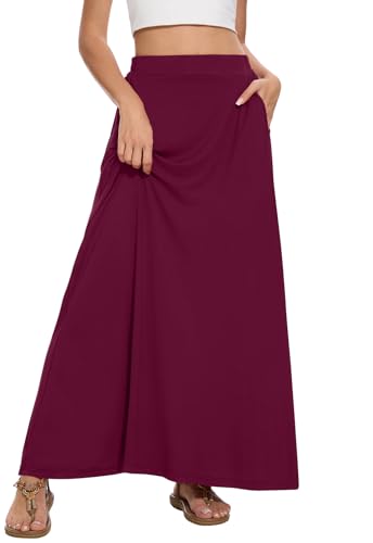 Image of Womens Maxi A-line Long Skirt Casual 2026 Elastic High Waist Flowy Skirts with Pockets