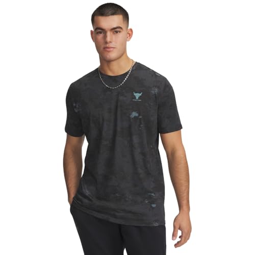 Under Armour Men's Project Rock All Over Print Short Sleeve T Shirt, (002) Black / / Jasper Blue, Large