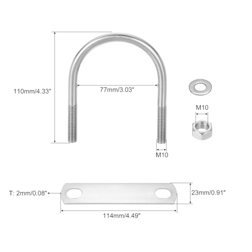 Image of uxcell Round U-Bolts, 4 Sets 77mm(3.03 inch) Inner Width 110mm Length M10 304 Stainless Steel U Clamp Bolt with Nuts and Plates, for Boat Trailer
