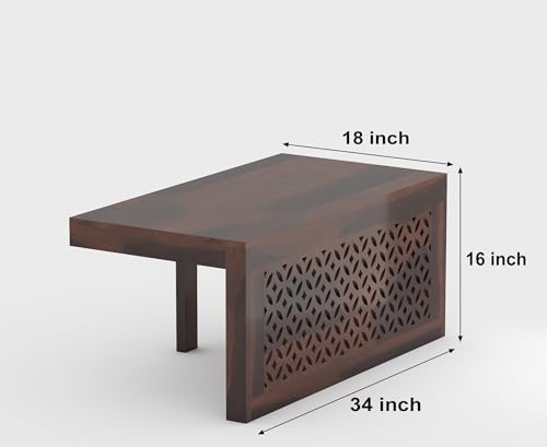 Image of ONIJA Modern Wooden Coffee Table with Carved Jali Design & Cushioned Stool | Center Table with Hidden Seating | Solid Wood Living Room Table (Walnut Finish)