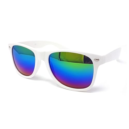 WS UK Adults Classic Sunglasses with UV400 Protection - Unisex (White Frame Rainbow Mirrored Lens)