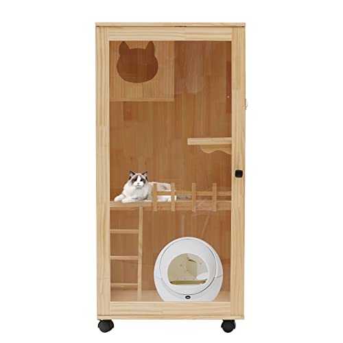 BOPRCSH Large Wooden Cat House for Cats, Multi-Feature Cat Condo Cat Cages Enclosures with Shelter and Cat Scratching Posts, Rolling Wooden Stray Cat Shelter (23.62 * 23.62 * 47.24 inches)