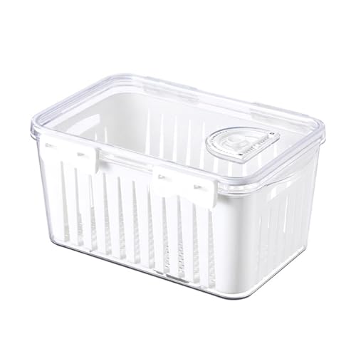 冷蔵庫用収納ボックス 透明密閉 グレースノコ付き 3サイズ展開 食品保存容器 卵野菜果物缶ビール収納 積み重ね可能 鮮度保持 キッチン整理 省スペース 小物整理 パントリー収納 業務用飲食店対応 (32x21x15cm,ホワイト-水切りバスケット)（Amazon）