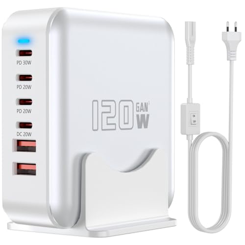 Bloc de Charge Rapide USB C, Station de Charge 120 W à 6 Ports, Adaptateur GaN, multichargeur Mural USB C avec Interrupteur Marche/arrêt, pour iPad, iPhone...