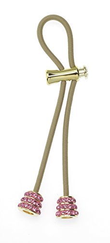 Pulleez Sliding Ponytail Holder, Gold Strawberry Ice Crystal Bell Metal Charms - Tan/ Champagne Elastic Hair Tie Bracelet