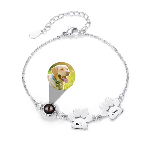 Pekdi Personalisiertes Armband mit Pfotenabdruck, Armband mit Bild Hund Katzen Pfoten Fotoanhänger gravierter Name 925er Sterlingsilber Schmuck zum Gedenken an Haustiere Geschenk zum Muttertag