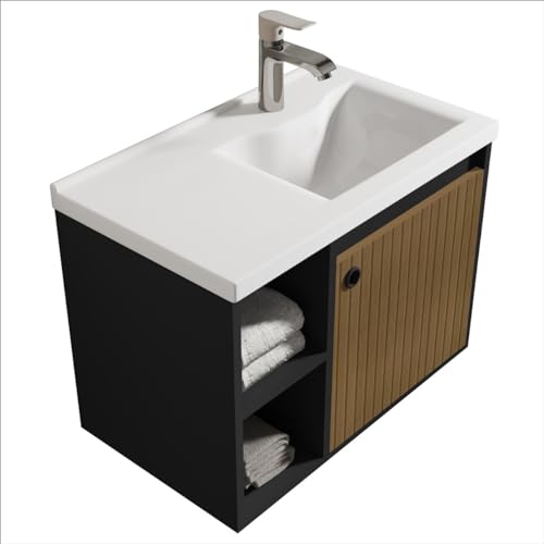 CONJUNTO GABINETE COM ESPELHEIRA E CUBA PARA BANHEIRO 60CM ADONIS PRETO RIPADO