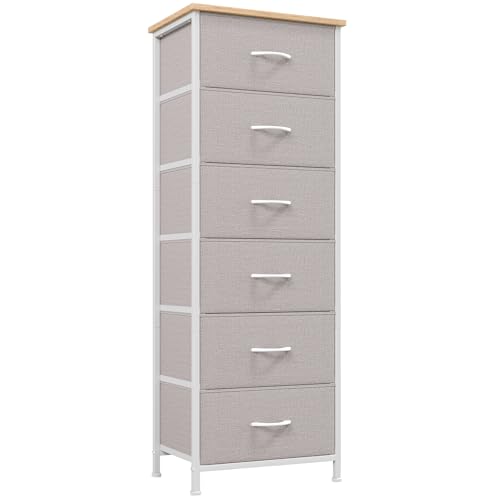 Somdot Commode Chambre, Commode en Tissu avec Cadre en Acier, Meuble de Rangement pour Salon Couloir Entrée, 30P x 42l x 115H (6 Tiroirs), Gris Cendré