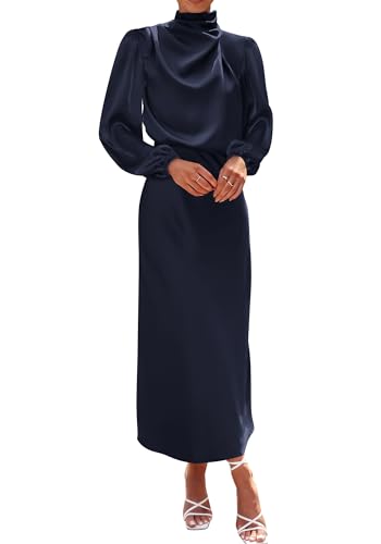 BTFBM Womens Mock Neck Satin Dress Summer Fall 2025 Long Sleeve Lightweight Formal Wedding Party Maxi Cocktail Dresses(Navy, Medium)