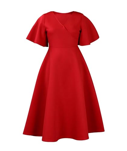 Image of SOMTHRON Women's Wrap V-Neck Ruffle Short Sleeve Midi Dress Elegant A Line Flowy Flared Cocktail Church Dress