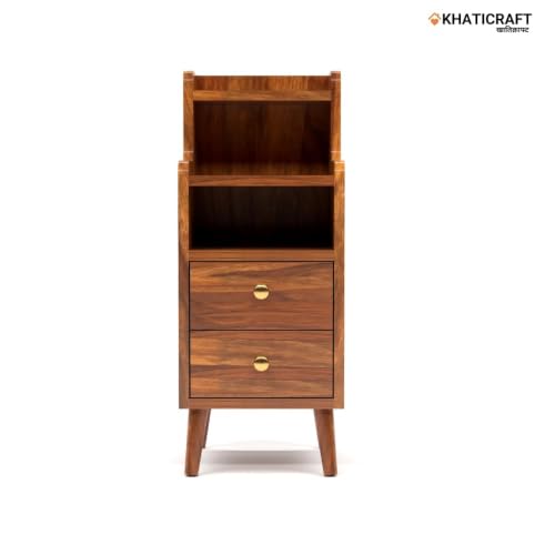 Image of Pithika 100% Solid Sheesham Wood Bedside Table with Drawer - Handmade Wooden Nightstand for Bedroom, Storage Side Table, Pre-Assembled, Honey finesh